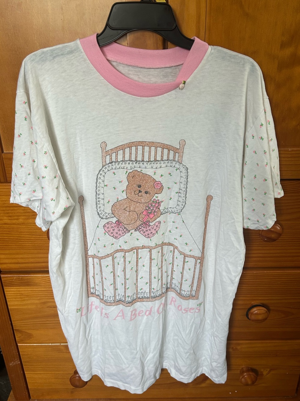 Vintage Night Gown w Pink Trim and Teddy Bear Graphic “Life is a Bed of Roses”
